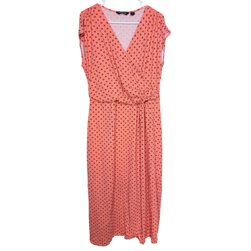 Lands End Womens Dress L Peach Ditsy Floral Faux Wrap Soft Girl Maxi Cotton